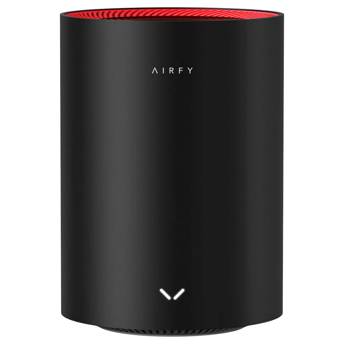 Der Airfy-Router: ein schwarzer, runder Mesh-Router mit rotem Ring und Airfy-Logo